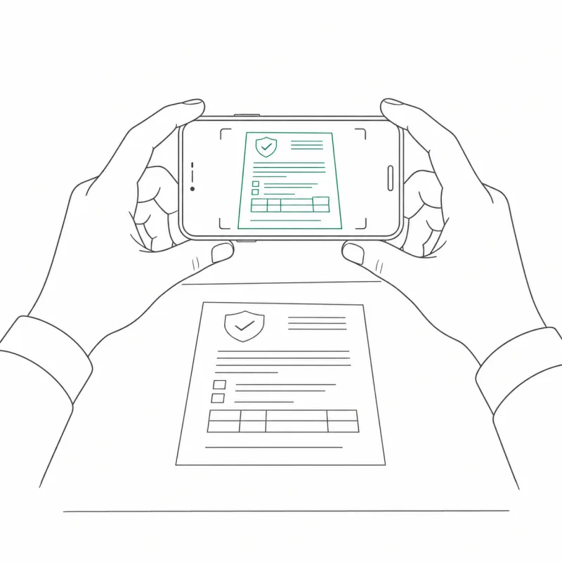 テーブルに並べた保険証券をスマートフォンで撮影する手元